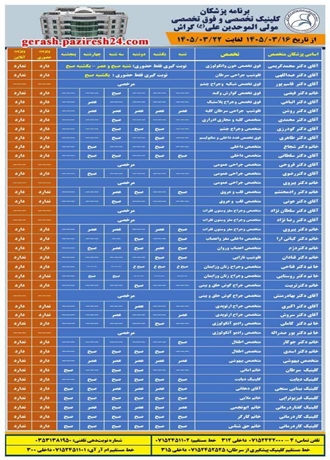 برنامه پزشکان کلینیک تخصصی و فوق تخصصی مولی الموحدین علی (ع) گراش